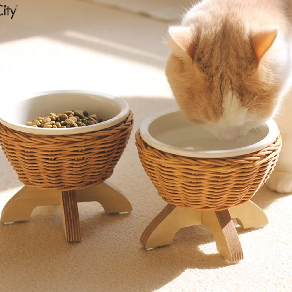 Handmade Rattan Cat And Dog Ceramic Bowl